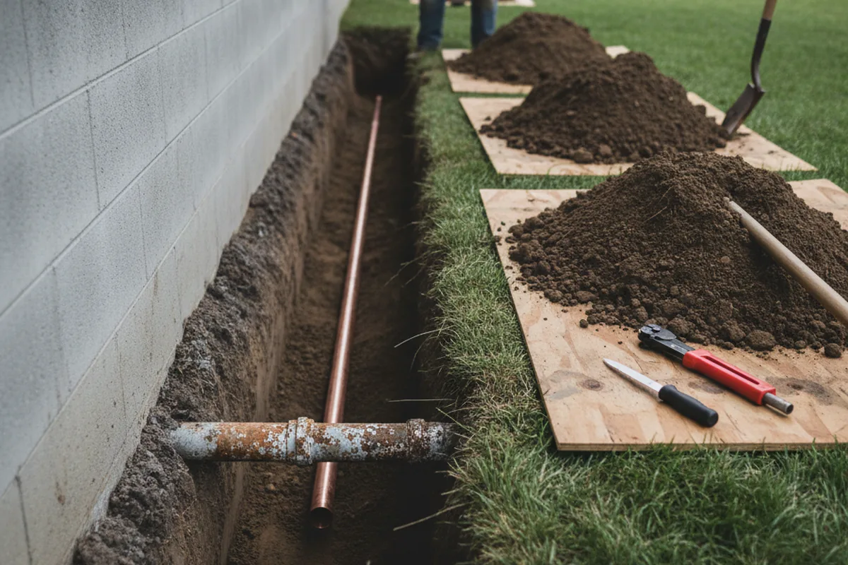 Excavated water line trench during Sewer Line Repair in Union Pier